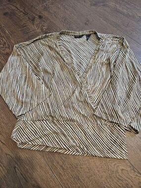 New York & Company Brown Army Green and Tan Striped Surplice Blouse